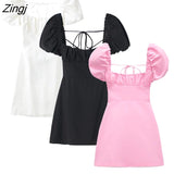 Women French Style Square Collar Pleats Puff Sleeve Black Mini Dress Female Chic Back Lace Up Casual Slim Vestidos