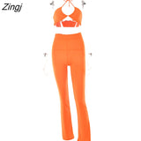 Casual Backless Two Pieces Sets Women Sexy Halter Hollow Out Top Long Flare Pant Suit Party Outfits Strapless