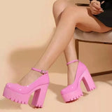 New Fashion Buckle With Super Powder Thick Heel Single Shoes Women Wish Large Leather