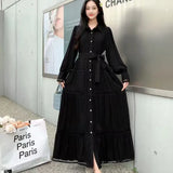 High-End Retro Collar Single Buckle Lantern Sleeve Dress Women's Hollow Lace To Receive Long Waist