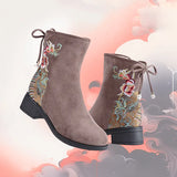 Zingj New Women's Boots Suede Cotton Boots And Velvet Inside The Middle Heel Ankle Boots To Keep Warm Fashion National Style Embroidered Cloth