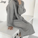 Sleeve Dress Women Simple AestheticWinter Hooded Basic Korean Style Draw String Thicker Harajuku Chic Preppy