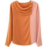Women Shirt Silk Color Matching Blouses for Women Pleated Diagonal Button Clothes Women O-neck Long Sleeve Basic