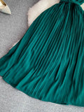 Vintage Pleated Midi Dress Women Green/Red/Blue Square Collar Puff Short Sleeve High Waist Draped Vestidos Female