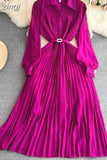 Autumn Women Turn-Down Collar Pleated Long Dress Vintage Single Breasted Lantern Sleeve High Waist Draped Maxi Robe