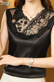 Blouse Women Fashion Womens Tops and Blouses Silk Shirts for Women V-neck Lace Elegant Tank Tops Sleeveless Woman