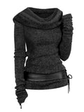 Cowl Front Lace Up Belted Sweater Spring Tops Tee For Women Solid Black Green Light Gray 211-0-Outfit