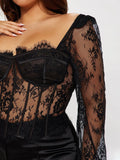Sexy Lace Lace Fish Bone Lantern Sleeve Top Dress Female Waist Shaping Fashion Light Perspective To Enhance The