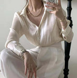 Button Up Satin Silk Shirt Vintage Blouse Women Spring Fashion White Lady Long Sleeves Loose Tops Korean Street