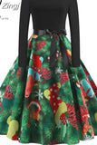 Women Christmas Long Sleeve Print Elegant Vintage Knee-length Party Dress Robe Autumn Winter Casual Xmas
