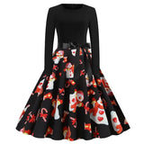 Dress Women Autumn Winter Long Sleeve High Waist Printed Vintage Party Sundress Elegant Xmas