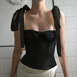 Spaghetti Strap Slash Neck Chiffon Camisole Women Sleevesless Casual Camisole Ruffles Backless BOW Bandage Crop