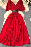 Women Pleated Party Long Dress Sexy V-Neck Short Sleeve High Waist A-Line Maxi Vestidos With Belt Vacation Beach Robe