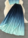 Women Pleated Two Piece Set Vintage Round Neck Short Sleeve Tops + High Waist Draped Skirt Gradient Suit Female New