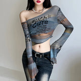 Girl Sexy Net Yarn Abstract Print Oblique Shoulder T-Shirt Girl 2025 Fall INS Umbilical New