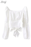 New Women Simple Cropped Tops Pleated Slim Sexy Female Long Puff Sleeve Bandage Bow Square Collar Vintage All-match