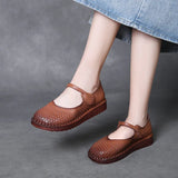 Time 99] Head-Level Cowhair Retro Hollow Sandals Women's Summer Flat Hole Shoes Comfortable Breathable Mother