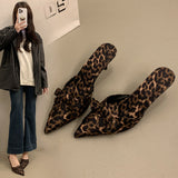 And Summer 2025 New Korean Version Of High-Heeled Women's Slippers Leopard Bow One-Footed Pedaled Women's Shoes Fine