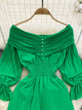 Pleated Party Midi Dress Women Sexy Slash Neck Off Shoulder Flare Long Sleeve Draped Ruffle Vestidos Female