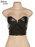 PU Leather Shiny 2 Piece Set Women Sleeveless Skinny Wrapped Chest Top+Pocket Split Skirt Matching Midnight