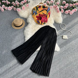 Zingj Suit Female Light Ripe Wind Short Sleeve Standing Collar Slim Print Pleated Top Two-Piece High Waist Show Slim Wide Leg