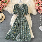 Women Single Breasted Printed Midi Dress Red/Blue/Green Puff Short Sleeve High Waist Vestidos Summer Female Robe
