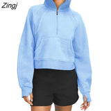 Women‣s Stand Collar Pullovers Long Sleeve Solid Color Half Zip Front Pocket Sweatshirts Spring Autumn Loose