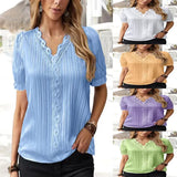 Summer Hollow Out Short Sleeve Tops Office V-neck Blouse Women Lace Mujer Loose Ladies Simple Casual Shirts Elegant