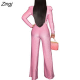 Fashion Women Jumpsuits Puffy Long Sleeve V Neck With Belt Wide Leg Pants Loose Rompers Party Office