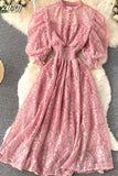 Women Lace Dress Spring Autumn Stand Collar Puff Sleeve High Waist Party Robe Female Elegant Green/Purple Midi