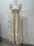 Strap Dress Women Summer Plaid Boho Long Dress Ldies Elegant Square Collar Maxi Beach A-line Sleeveless Dress