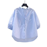 Fresh Art And Light Blue Cotton Shirt Women 7-Sleeve Casual Shirt 2025 Summer Temperament
