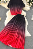 Women Pleated Two Piece Set Vintage Round Neck Short Sleeve Tops + High Waist Draped Skirt Gradient Suit Female New