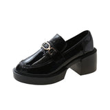 Chain Thick Bottom Spring Autumn Lefu Shoes Women Black Thick Heel Retro Small Leather Shoes A Foot Pedal Single
