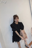 Two Piece Set Korea New Fashion Summer Women Puff Sleeve Cropped Tops And Ladies Womens Casual High Waist Ruffes Skirt