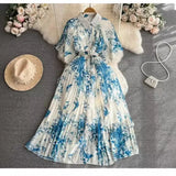 Style Retro Temperament Short-Sleeved Clapping Single-Dran A-Word Print 100-Fold Shirt Dress