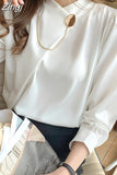 Women's Shirts Solid Satin Blouses for Women Chain Asymmetric Blouse Women Long Sleeve Top White O-neck Female 2023 Basic