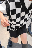 Spring Sweater Vest Women Black White Chessboard Knitted Loose Versatile Sleeveless V Neck Pullovers Oversized