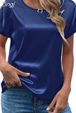 Lady Short Sleeve Satin Blouse Loose Casual Round Neck Solid Shirts Fashion 2023 Summer Elegant Tops Women Clothing