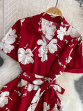 Women Printed Dress Elegant Turn-Down Collar Short Sleeve High Waist A-Line Red/Blue/Purple Slim Vestidos New