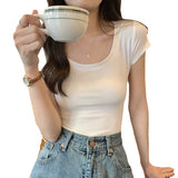 Zingj Color Casual Versatile Short-Sleeved T-Shirt Women With A Bottom Shirt 2024 Summer Slim U-Collar Student Jacket Ins