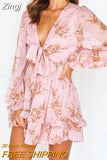 Women Spring V Neck Chiffon Print Dress Self-tie Knot Front Ruffles Leopard Dress Female Sexy Short A Line Party