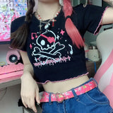 Zingj Top Female 2024 Summer Hot Girls Ins Harajuku Dark Cartoon Print Round Collar Short Sleeve Crop T-Shirt