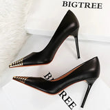 Shoes Black Leather Shoes Woman Pumps Metal Pointed Toe High Heels Stiletto Sexy Party Shoes Women Heels Plus Size 42