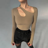 Zingj Hollow Collar Solid Color Onesie, Sexy Hot Girl Fashion Slim Long-Sleeved