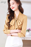 Spring New White Shirt Women Bow Ribbon Elegant Shirts Fashion Womens Tops Satin Female Clothing OL Silk Shirts and