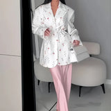 Women's Clothing 2025 Autumn And Winter Printing Loose Suit Tie With Waist Small Suit