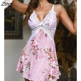 Woman Patchwork Loungewear Mini V-Neck Spaghetti Strap Guipure Lace Satin Floral Print Nightgown