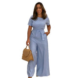 Summer Women's New Wide-Legged Jumpsuit Short-Sleeved Tie Belt Belt With Jumpsuit