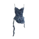 Shoot Spice Girl Swing Network Yarn Print Sling Vest Retivating Lotus Leaf Side Ribbon Short Top